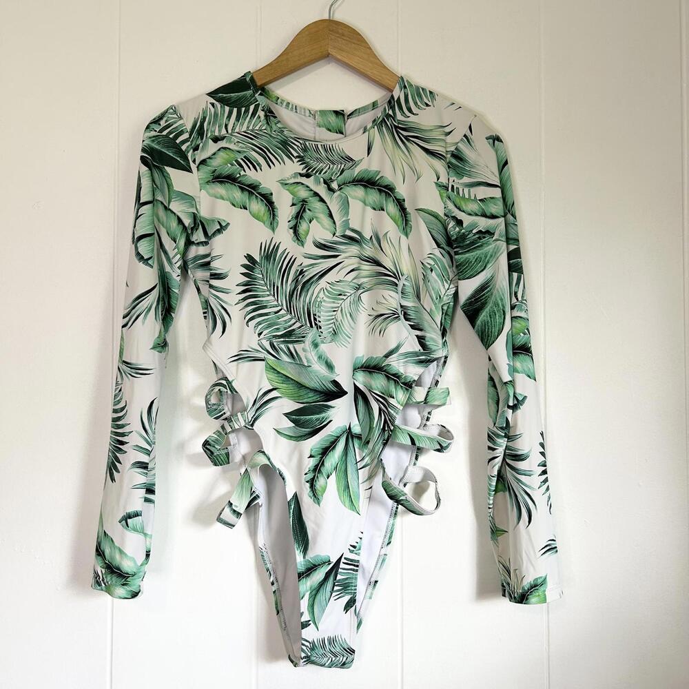 Unbranded Tropical Strappy Long Sleeve One Piece Swimsuit Women's Large